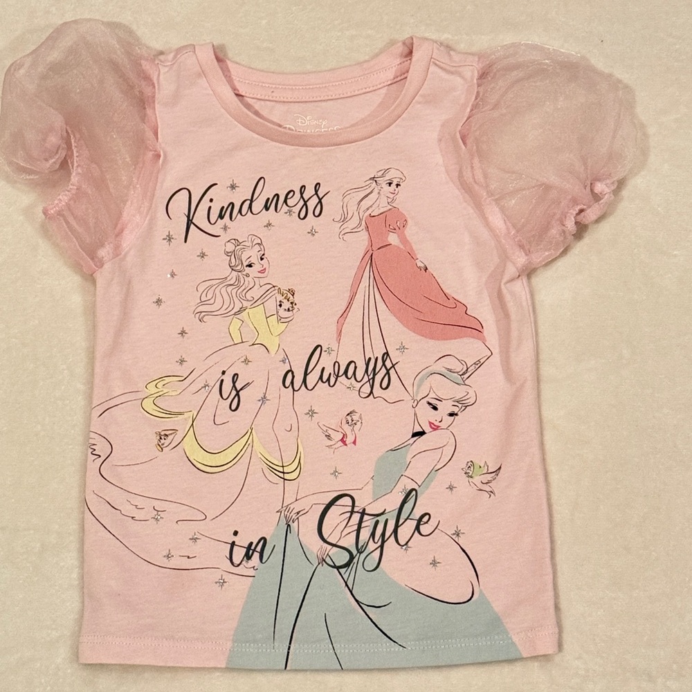 4T toddler Girls Disney Princess organza puff sleeves pink shirt with sparkles